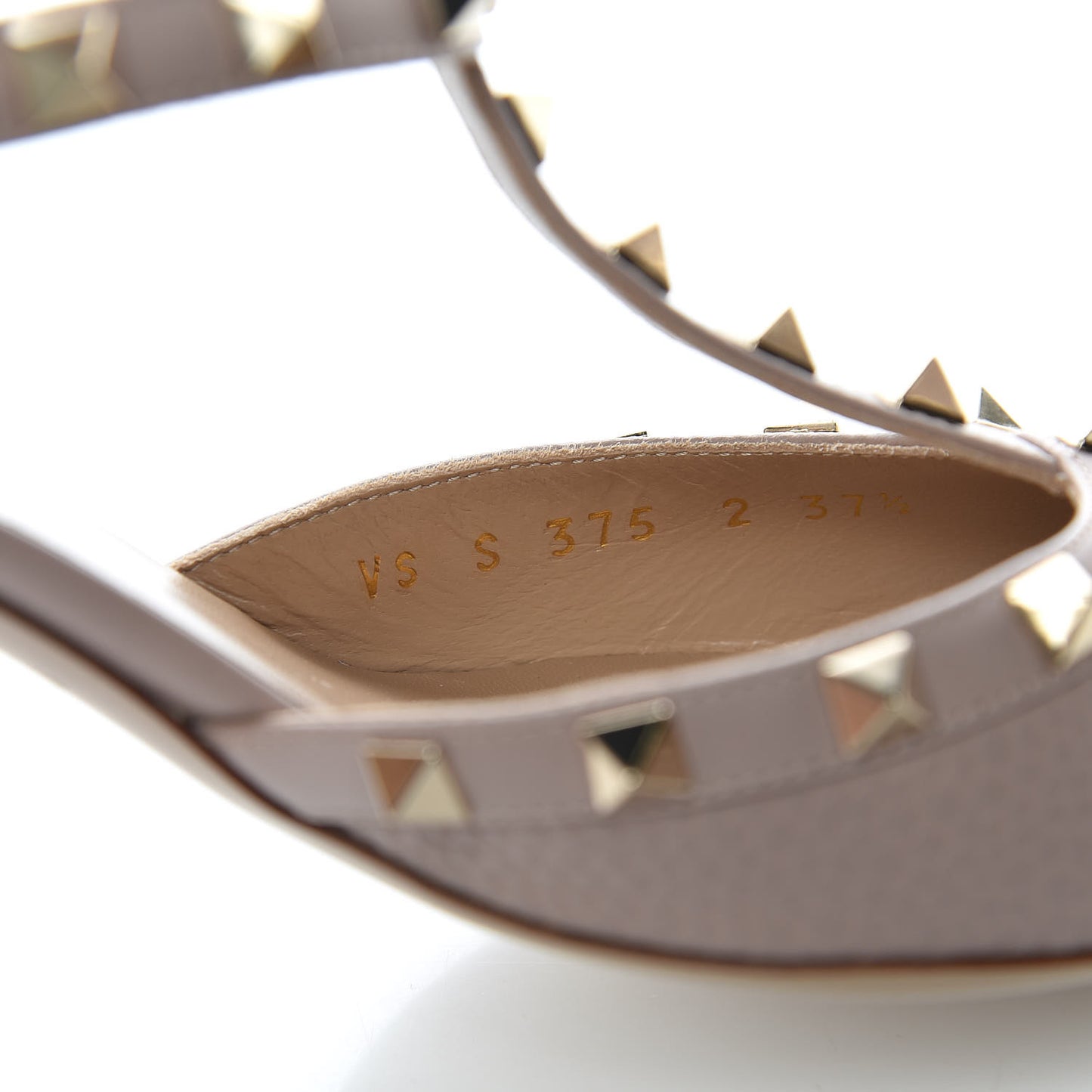 Pebbled Calfskin Rockstud Ankle Strap Low Heel Pumps 37.5 Poudre
