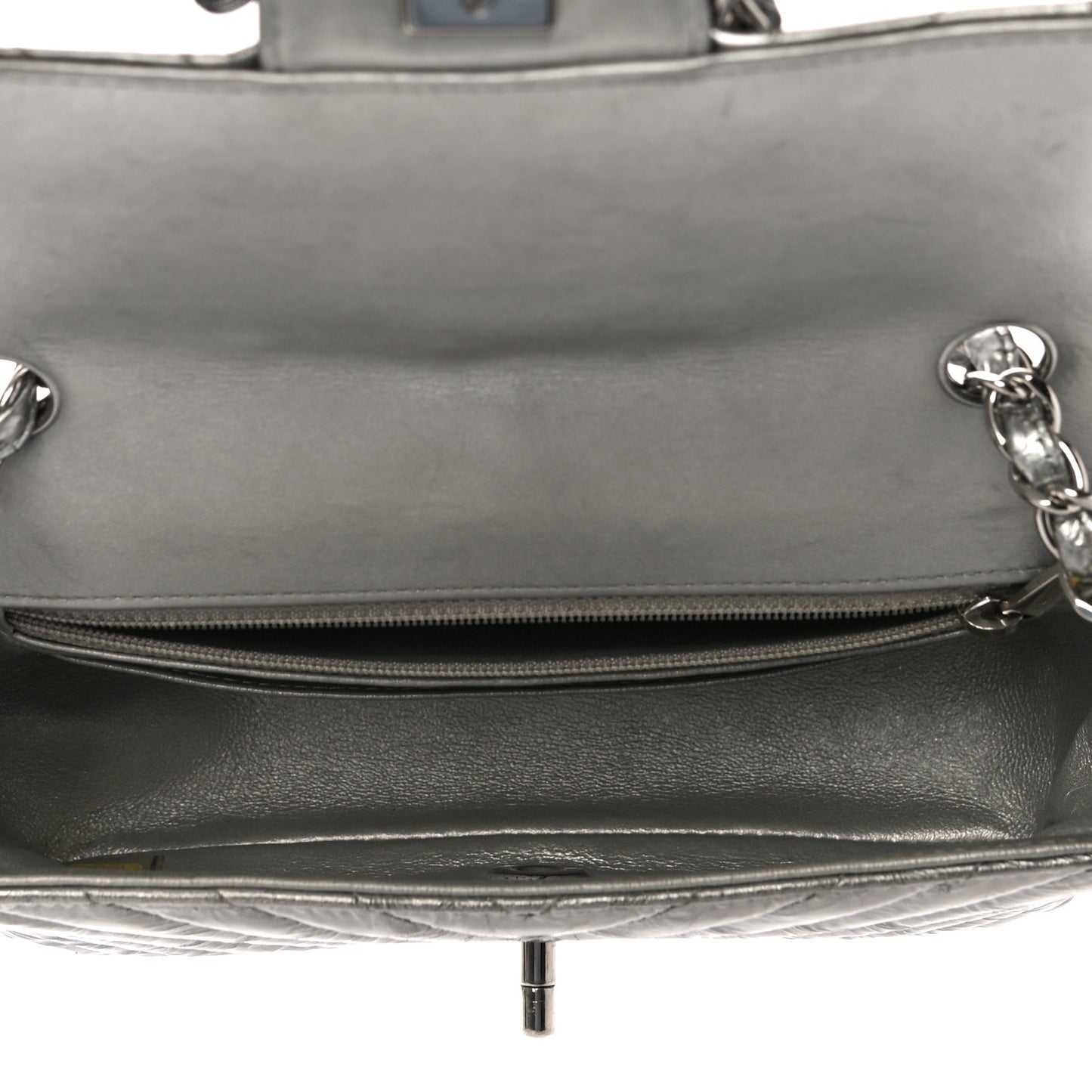 Patent Metallic Crumpled Calfskin Chevron Quilted Mini Rectangular Flap Silver