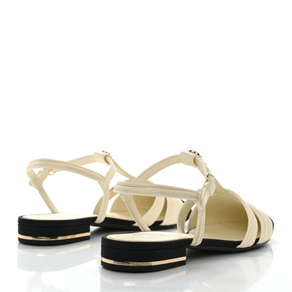 Chanel Lambskin Grosgrain Pearl CC Cap Toe Open Sandals 37 Ivory Black 4 of 10