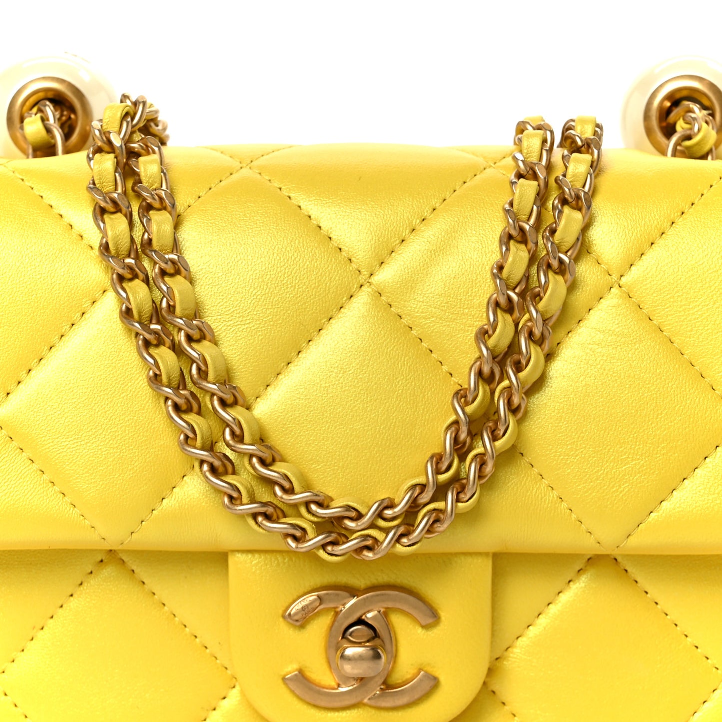Pearly Lambskin Pearl Quilted Mini Flap Yellow