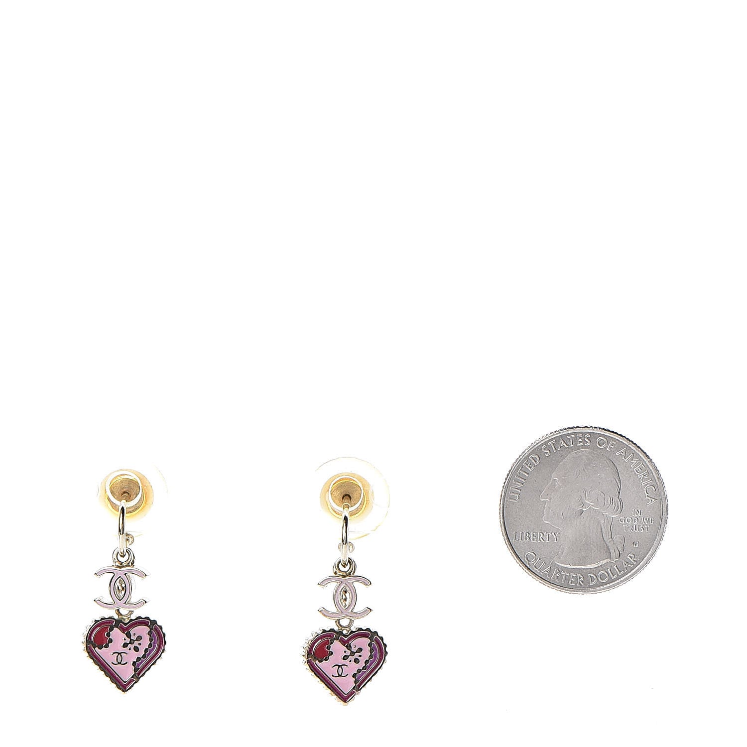 Chanel Enamel Valentine CC Heart Drop Earrings Pink Gold 2 of 5