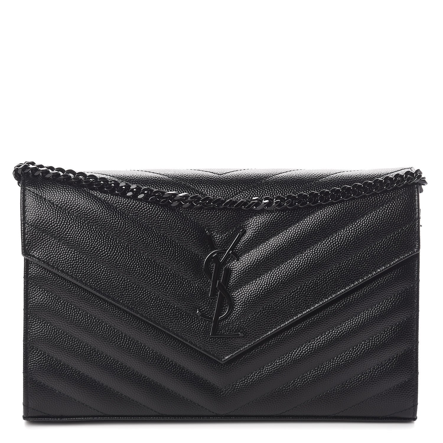 Saint Laurent Grain De Poudre Matelasse Chevron Monogram Chain Wallet Black 1 of 10