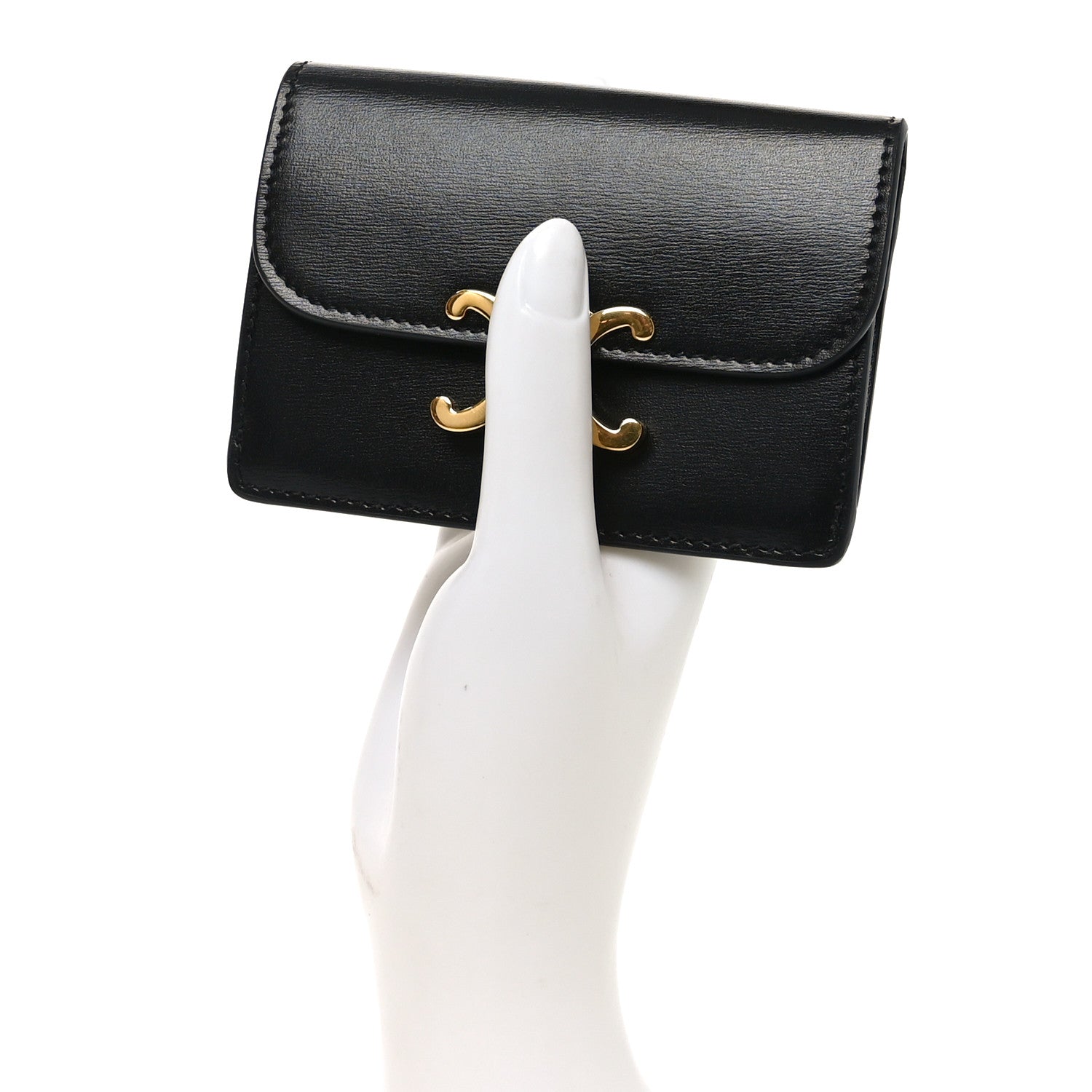 Celine Shiny Calfskin Triomphe Flap Card Holder Black 1804698