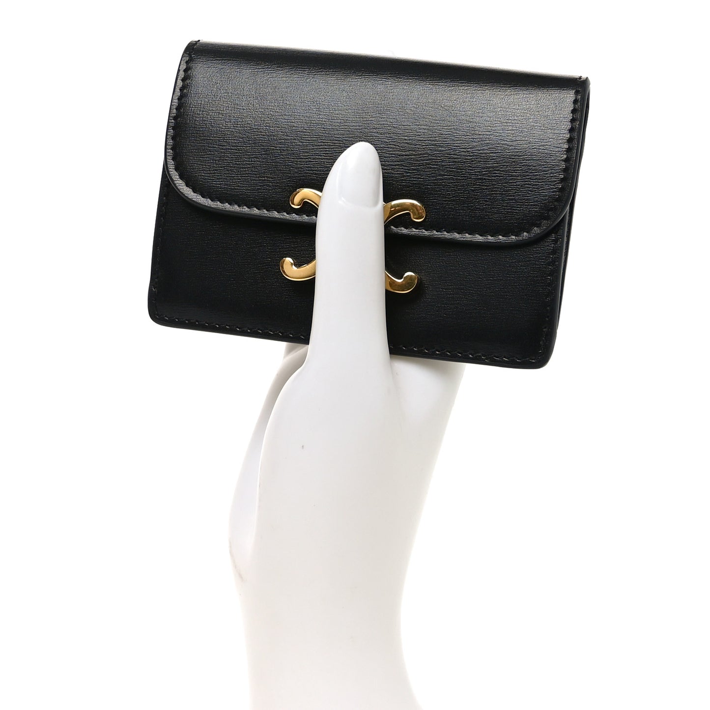 Shiny Calfskin Triomphe Flap Card Holder Black
