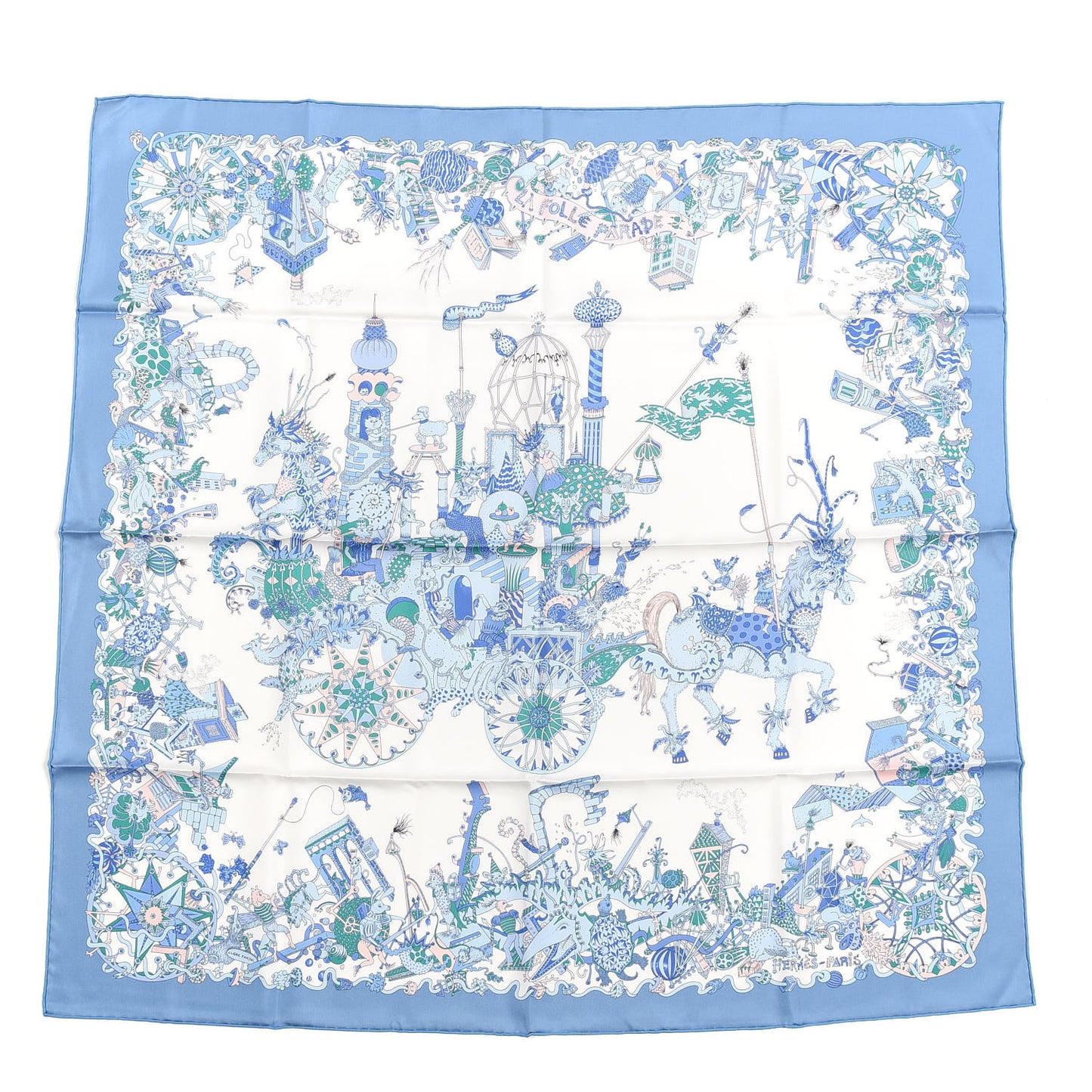 Silk Twill La Folle Parade Scarf 90 Bleu Jean White Rose