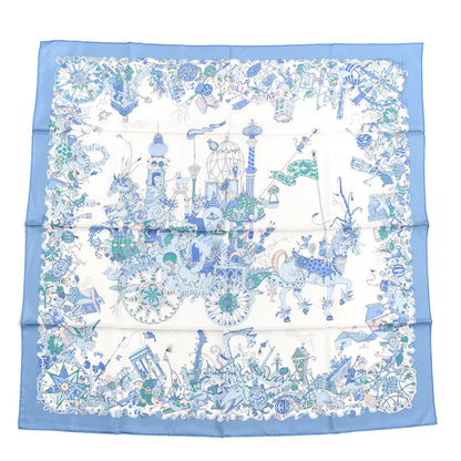 Hermes Silk Twill La Folle Parade Scarf 90 Bleu Jean White Rose 1 of 4