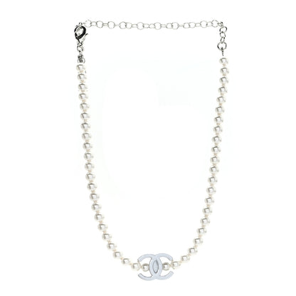 Chanel Pearl Resin CC Choker Necklace Pearly White Silver 3 of 5