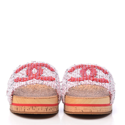 Chanel Tweed Lambskin Logo Mules 39 Pink Red 2 of 10