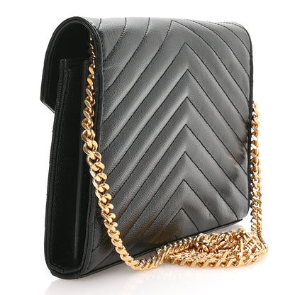 Saint Laurent Grain De Poudre Matelasse Chevron Monogram Chain Wallet Black 3 of 10