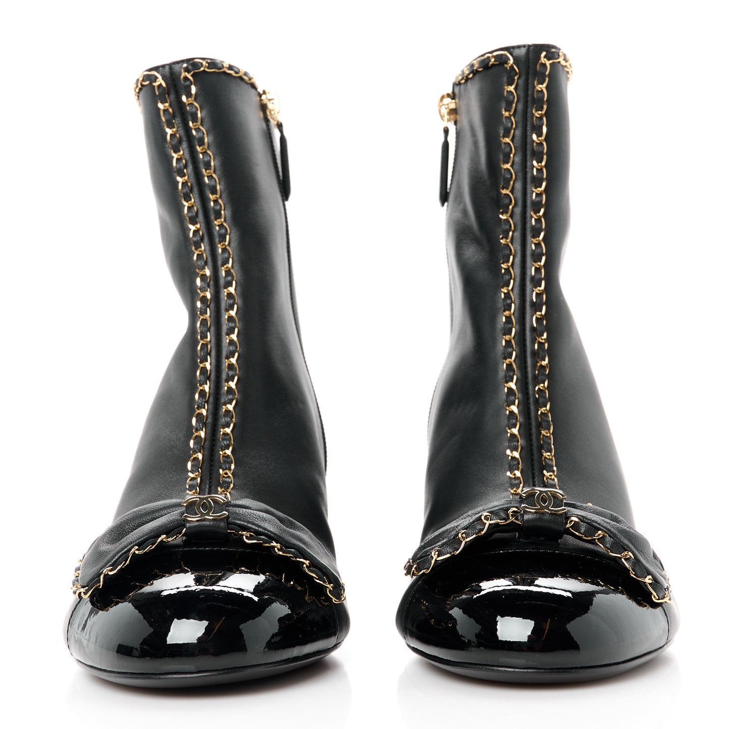 Lambskin Patent Cap Toe Chain Bow CC Short Boots 39 Black