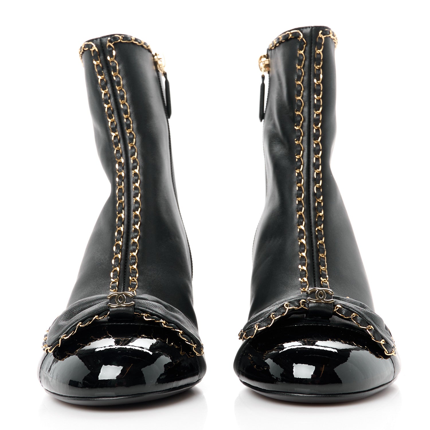 Chanel Lambskin Patent Cap Toe Chain Bow CC Short Boots 39 Black 2 of 9