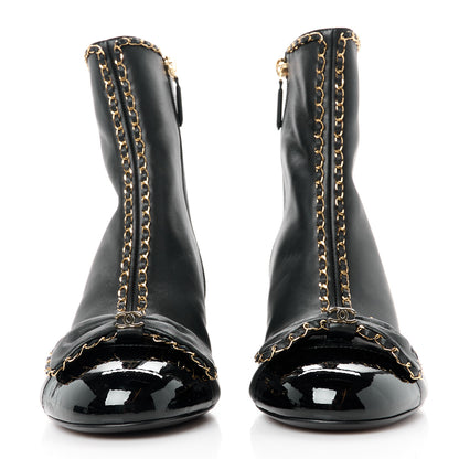 Chanel Lambskin Patent Cap Toe Chain Bow CC Short Boots 39 Black 2 of 9