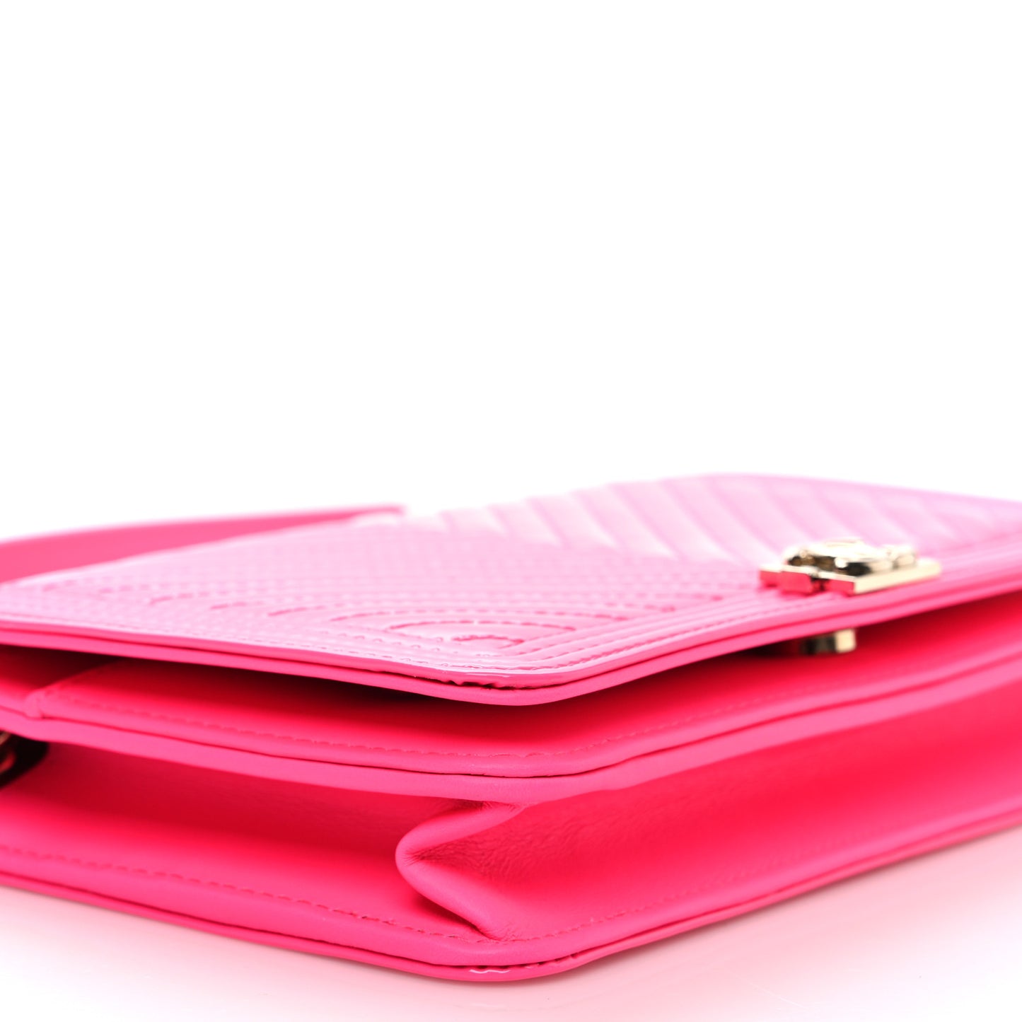 Patent Chevron Quilted Boy Wallet On Chain WOC Neon Pink
