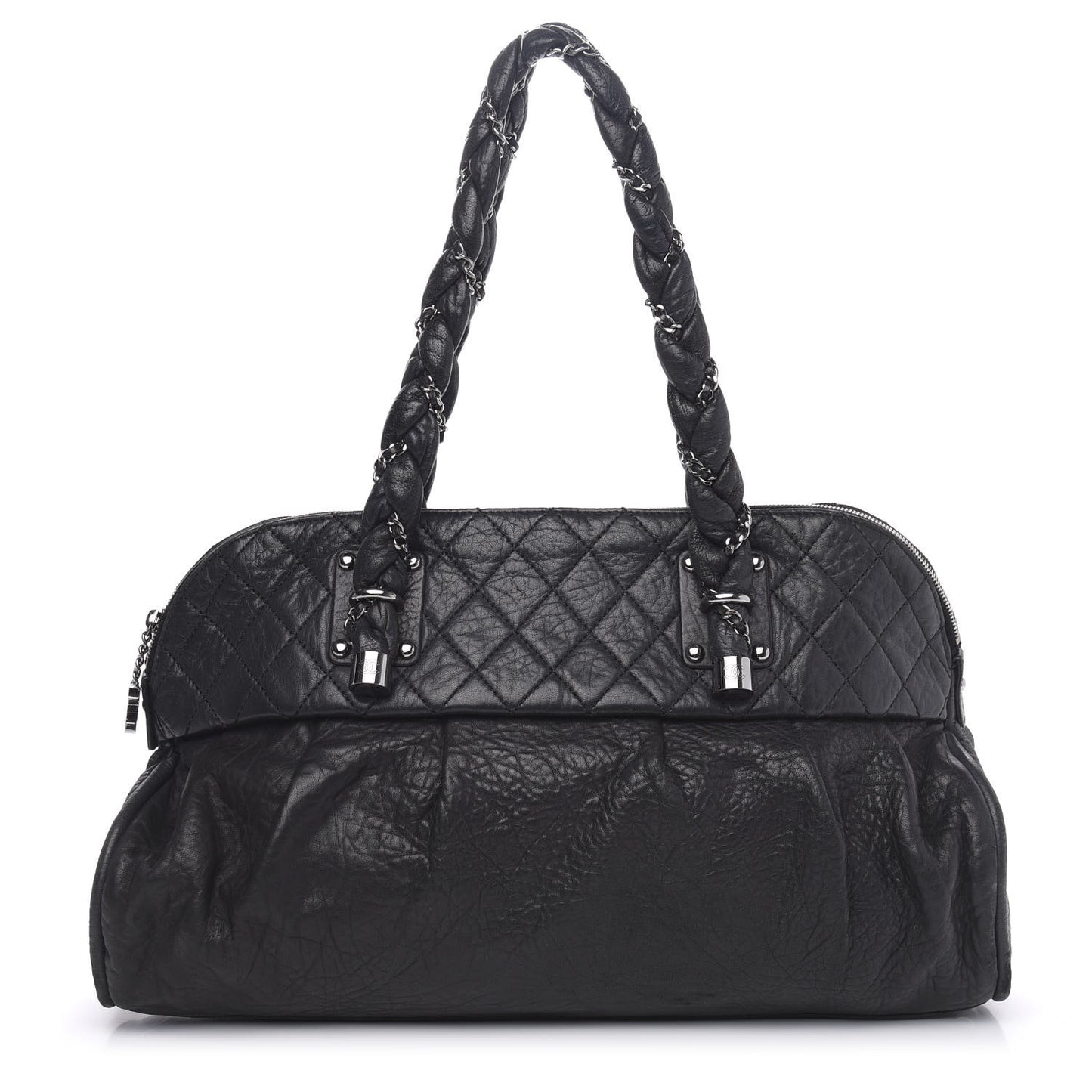 Distressed Lambskin Large Lady Braid Satchel Black