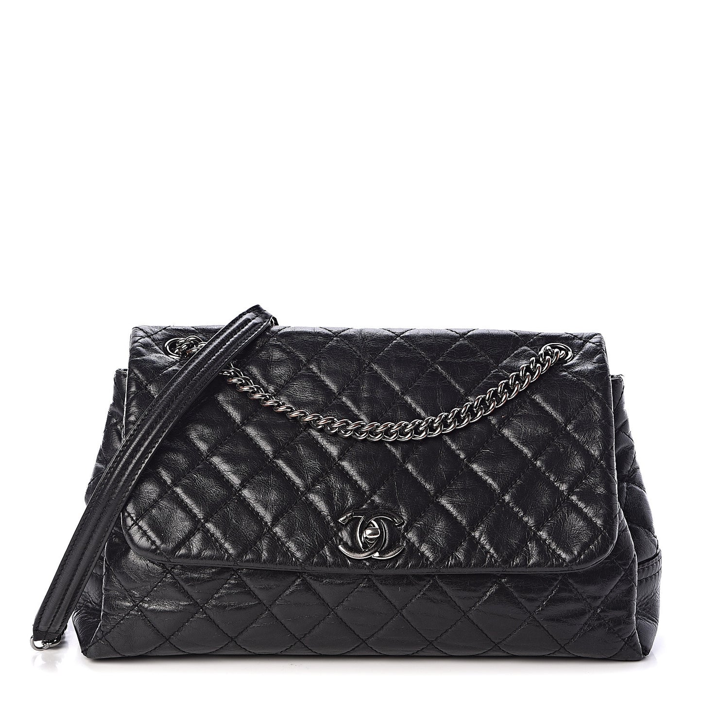 Glazed Calfskin Quilted Large Lady Pearly Flap Black