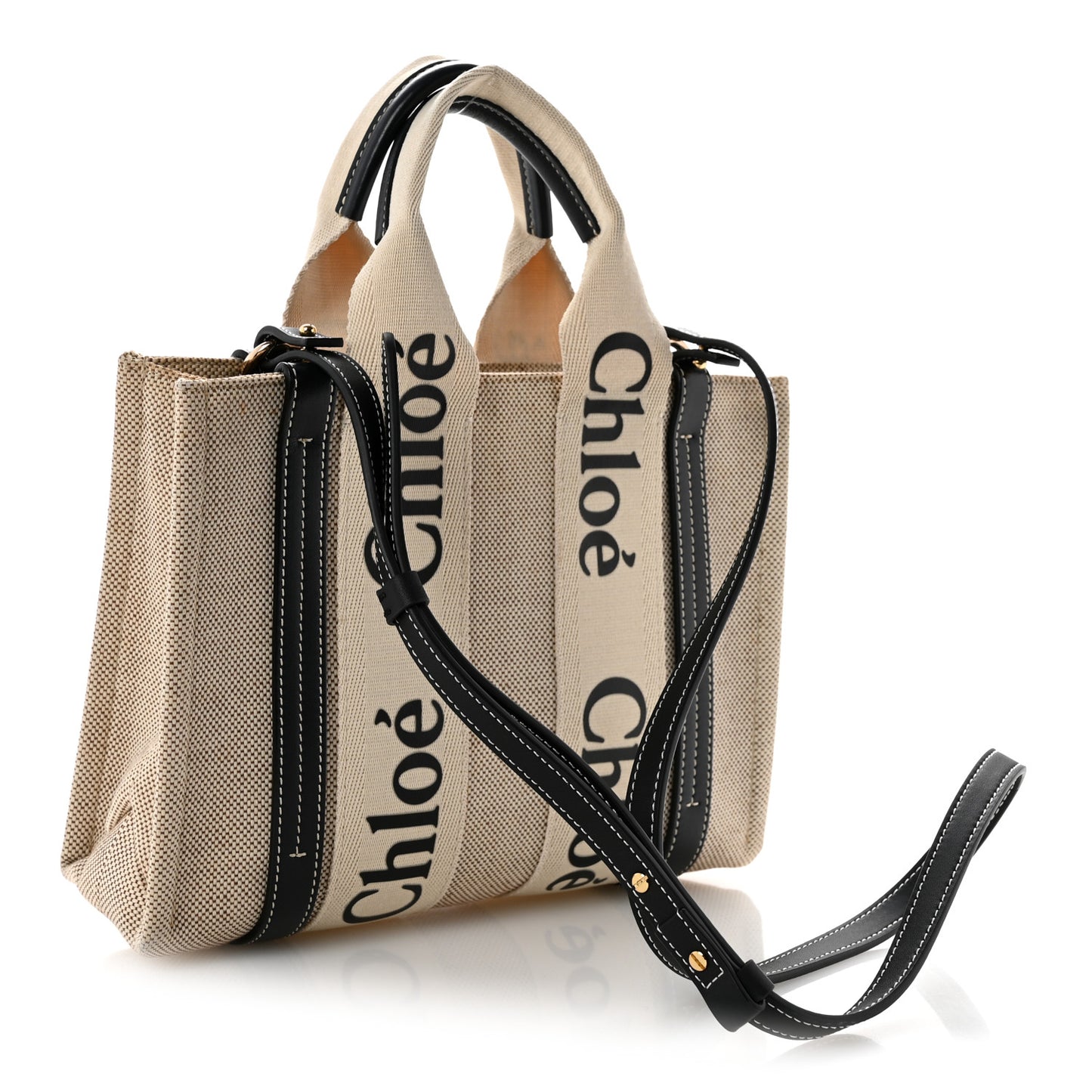 Linen Calfskin Small Woody Ribbon Tote White Black
