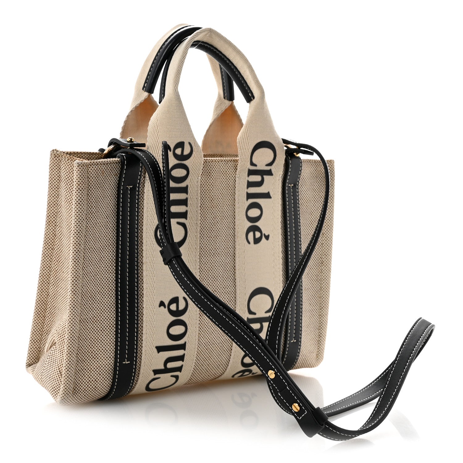Chloe Linen Calfskin Small Woody Ribbon Tote White Black 3 of 13