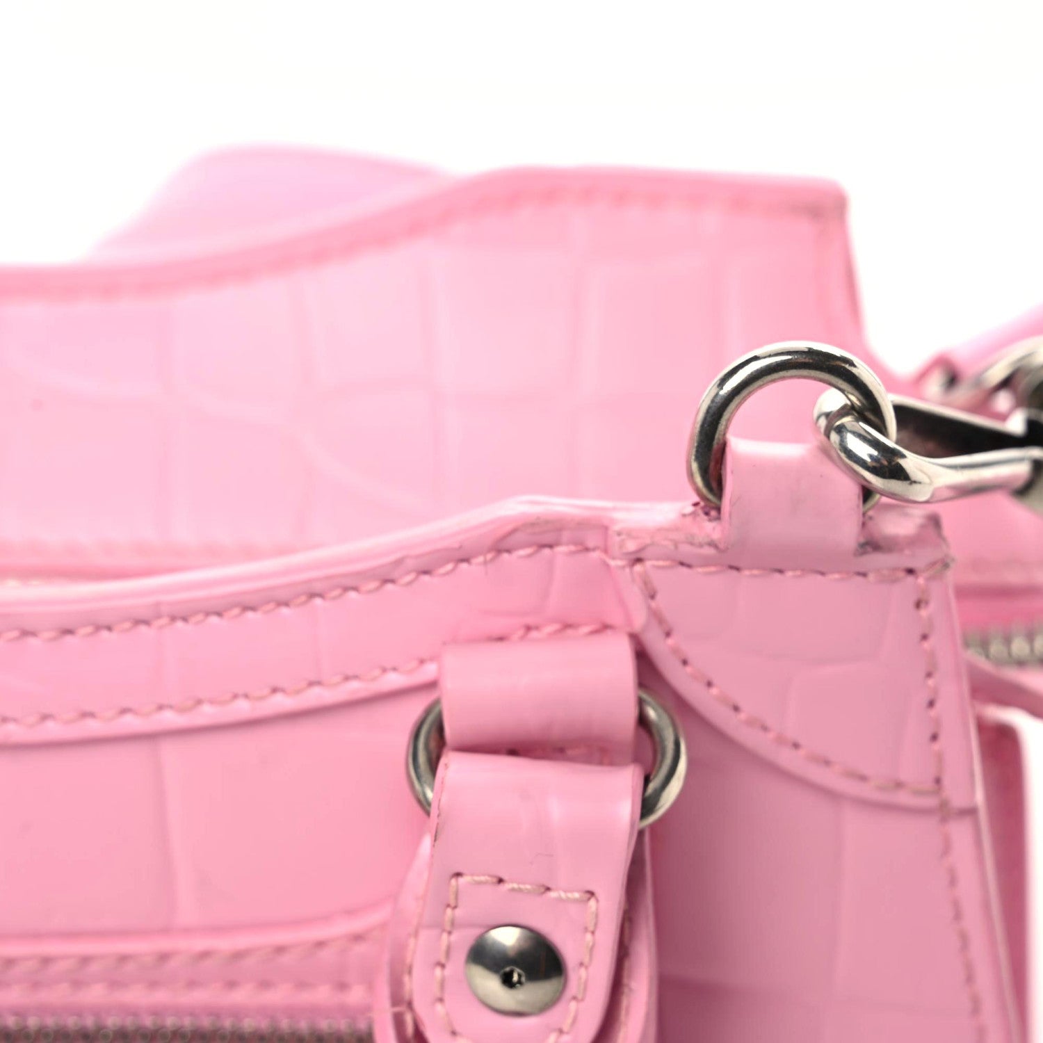 Balenciaga Semi Shiny Calfskin Crocodile Embossed Neo Classic Silver Hardware Mini City Pink 15 of 22
