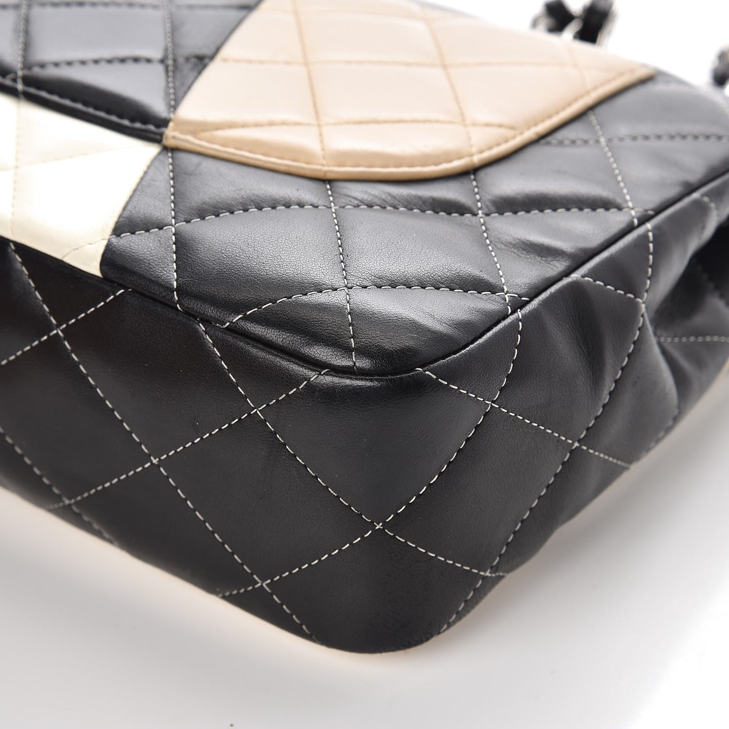Lambskin Quilted Colorblock Jumbo Double Flap Black White Beige