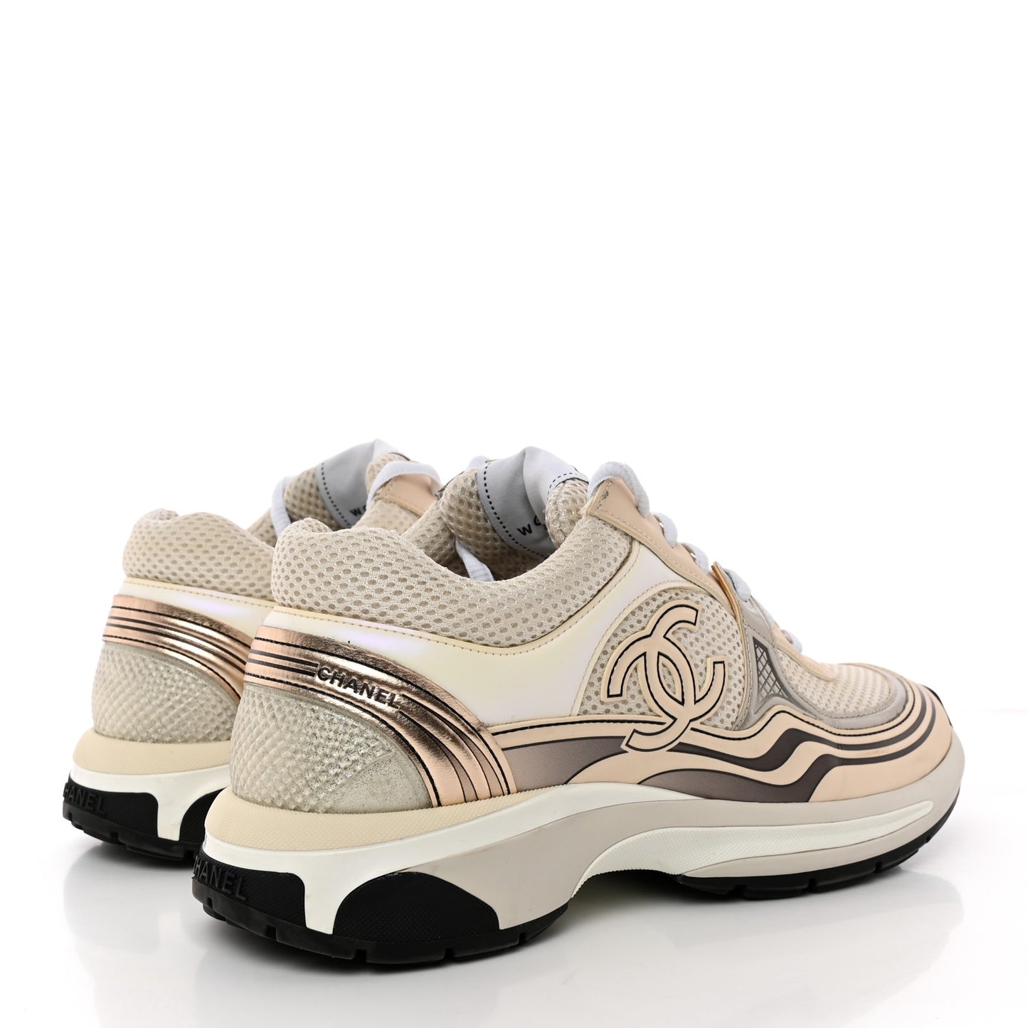 Fabric Laminated Calfskin Stretch CC Womens Sneakers 39.5 White Gold Silver