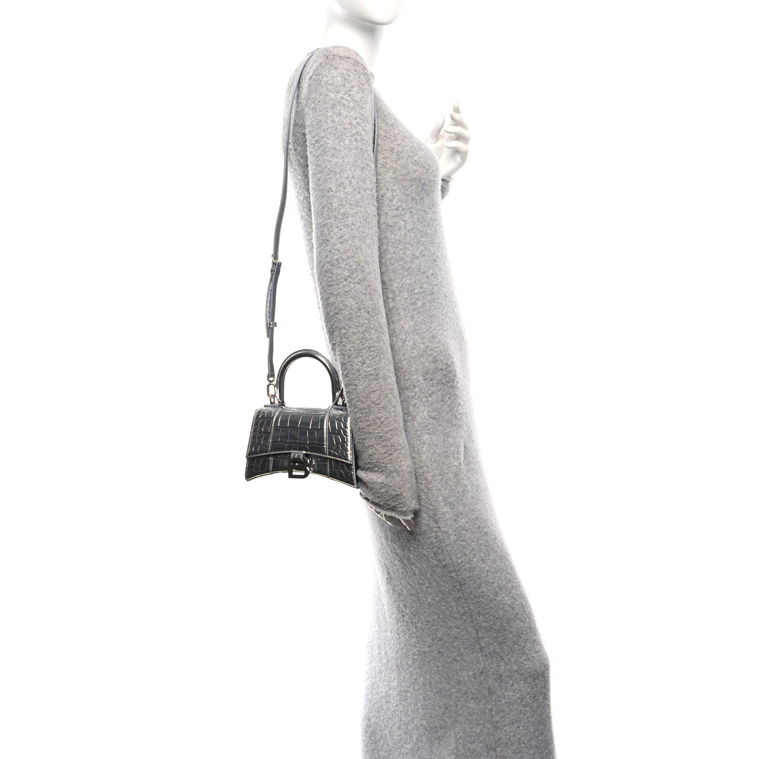 Balenciaga Metallic Calfskin Crocodile Embossed Hourglass Top Handle Bag XS Silver 2 of 9