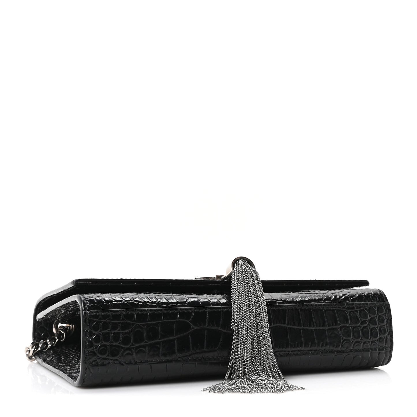Calfskin Crocodile Embossed Small Classic Monogram Kate Tassel Satchel Black