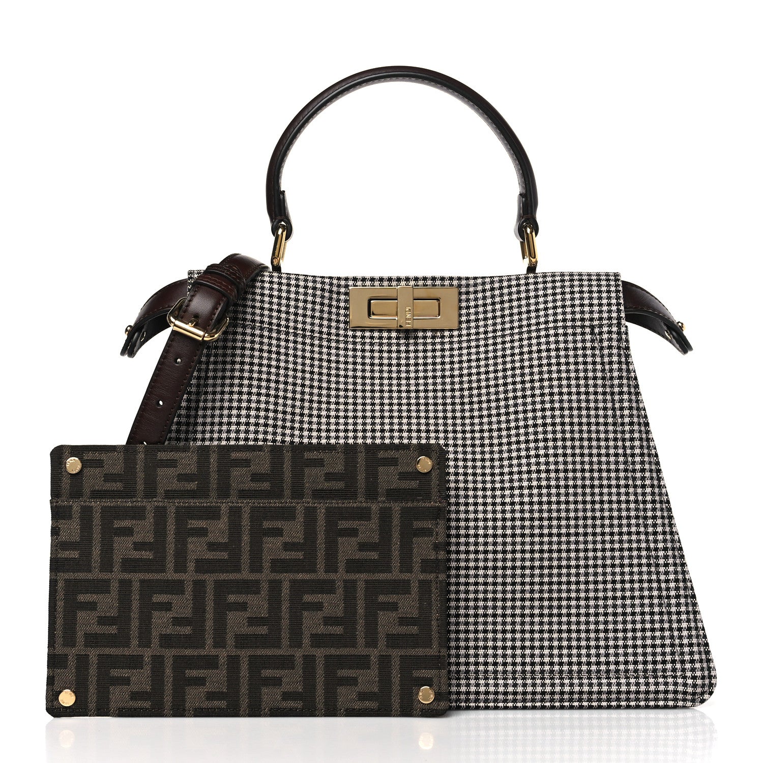 Fendi Wool Fabric Jacquard Cuoio Large Houndstooth FF 1974 Medium Peekaboo I SEE U Satchel Beige Tobacco Moro 3 of 9