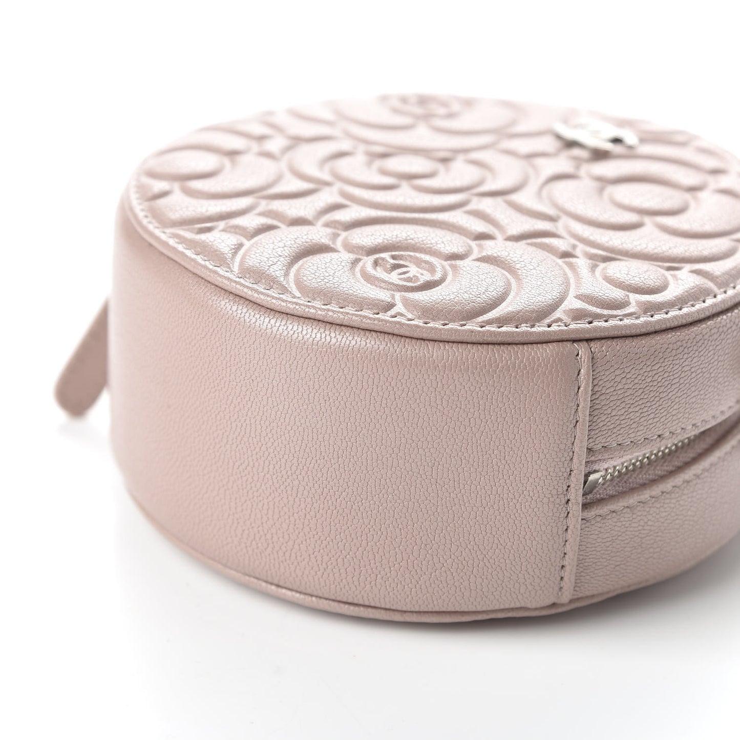 Goatskin Camellia Quilted Round Clutch With Chain Light Pink