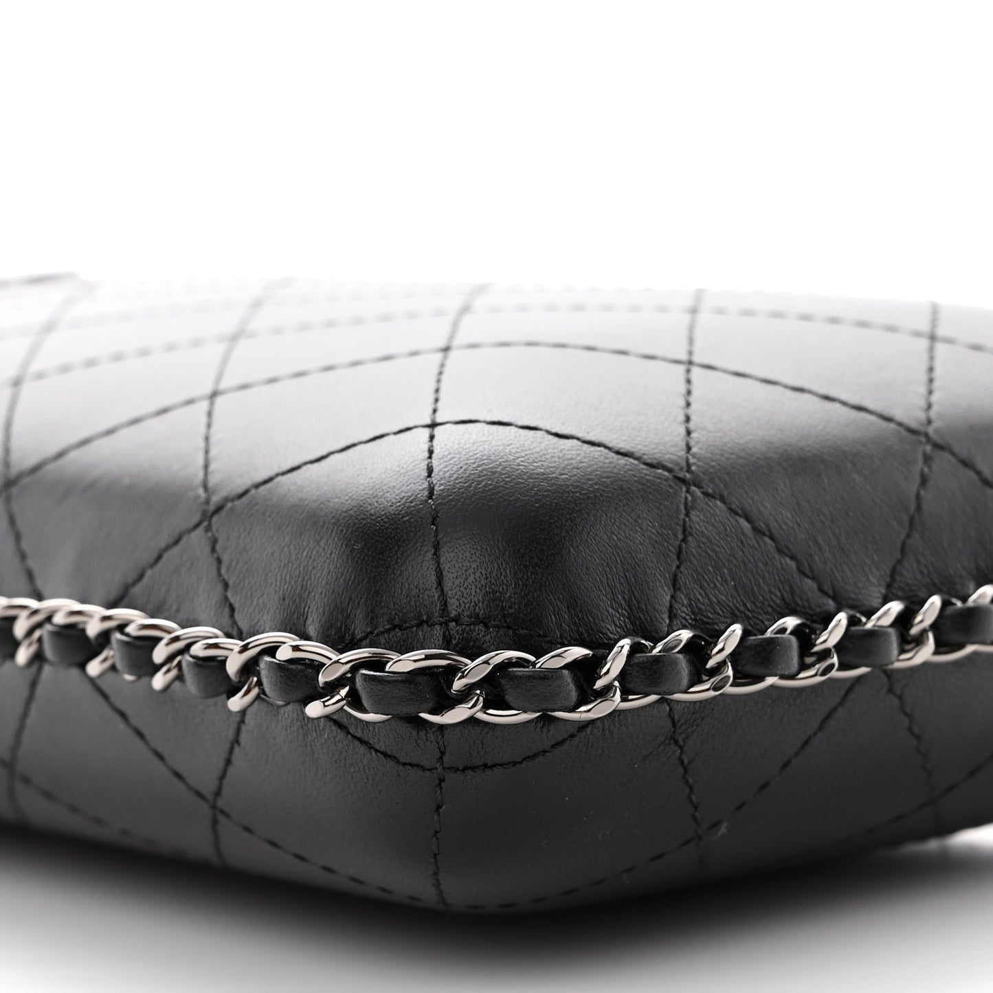 Lambskin Quilted Chain Around Phone Holder Black