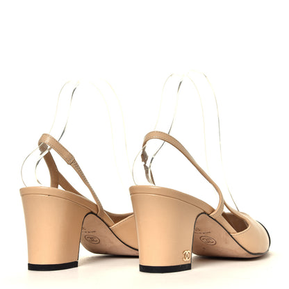 Chanel Goatskin Grosgrain Cap Toe CC Slingback Pumps 36 Beige Black 3 of 7