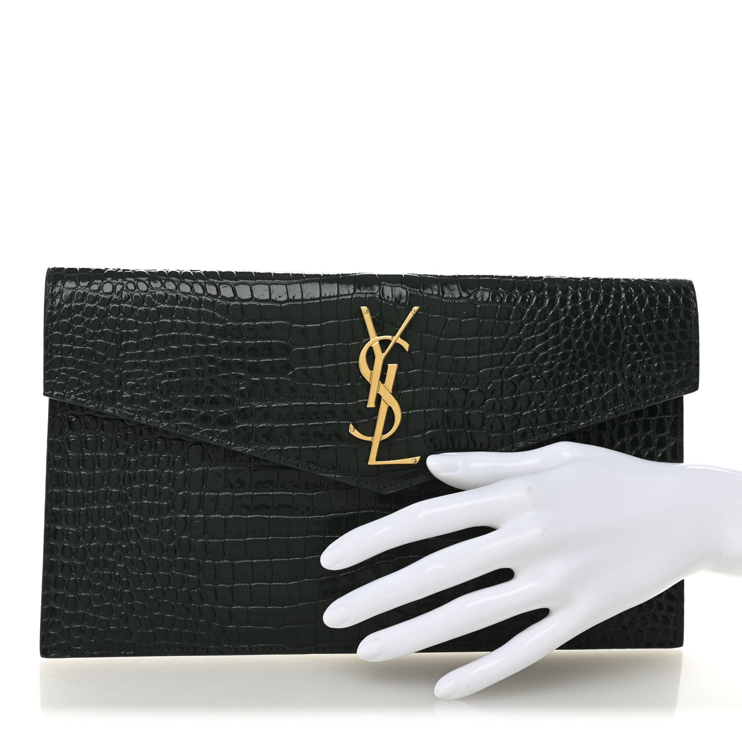 Saint Laurent Calfskin Crocodile Embossed Uptown Monogram Clutch Dark Green 2 of 7