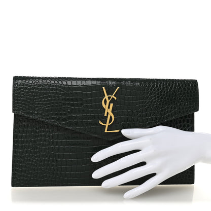 Saint Laurent Calfskin Crocodile Embossed Uptown Monogram Clutch Dark Green 2 of 7