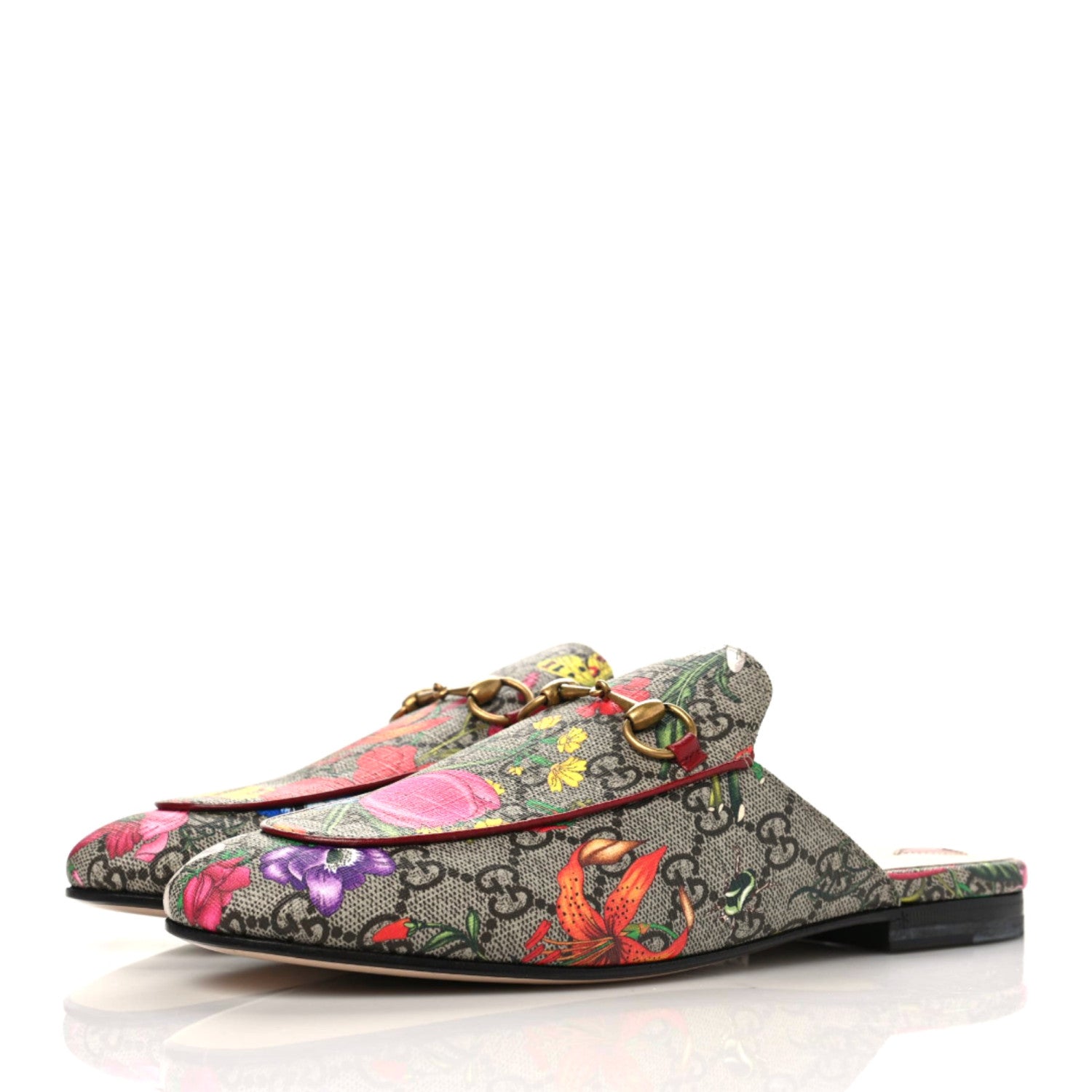 Gucci GG Supreme Monogram Flora Womens Princetown Slippers 38 Beige Ebony Multicolor Rosso 3 of 10