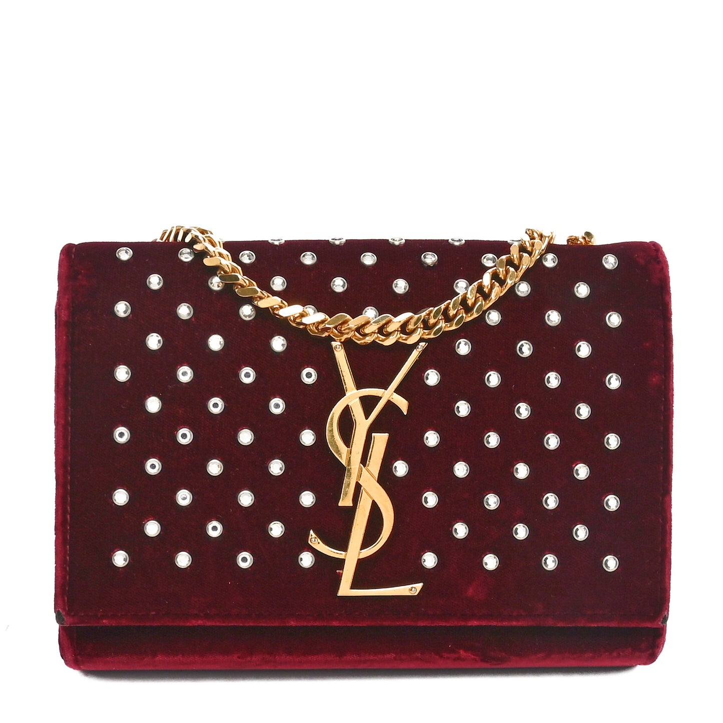 Velvet Crystal Studded Monogram Small Kate Satchel Red