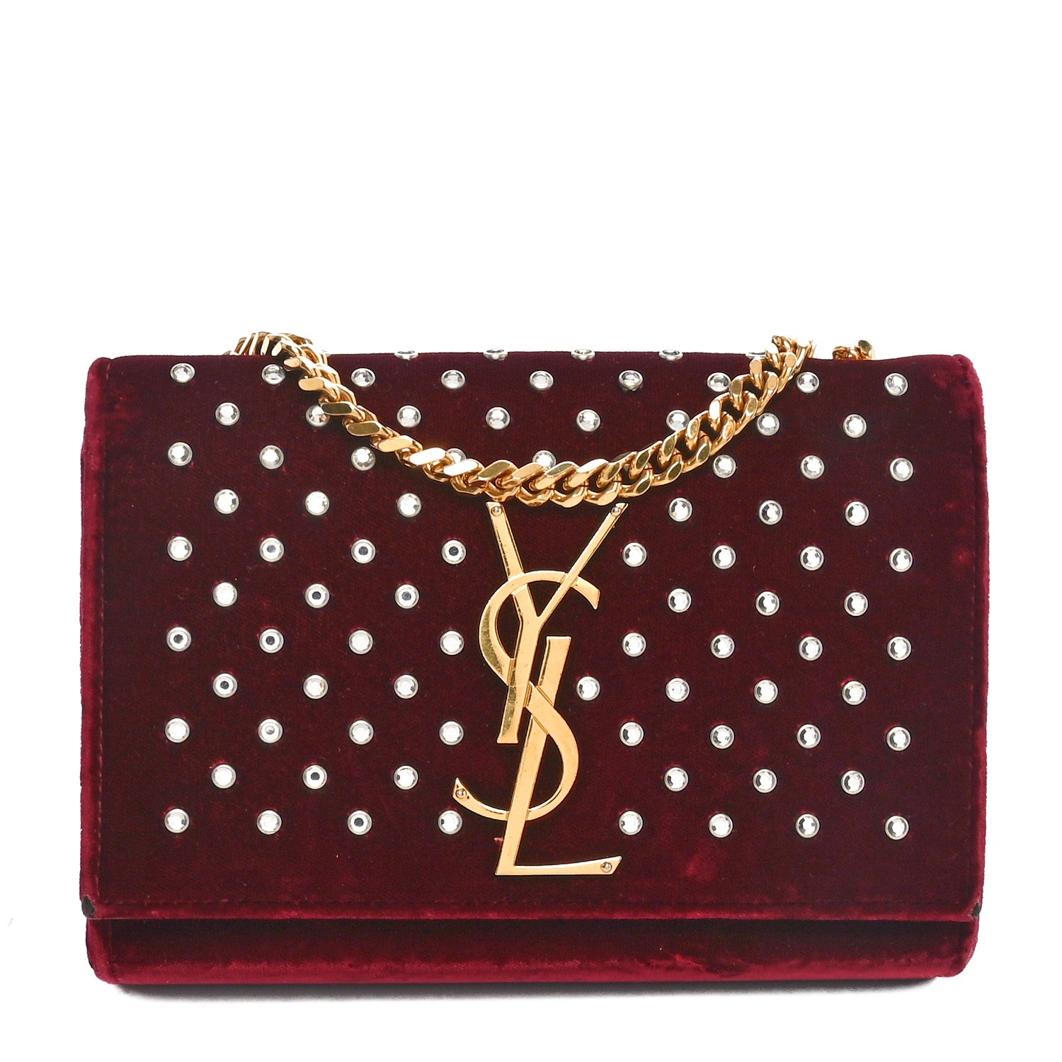 Saint Laurent Velvet Crystal Studded Monogram Small Kate Satchel Red 1 of 9