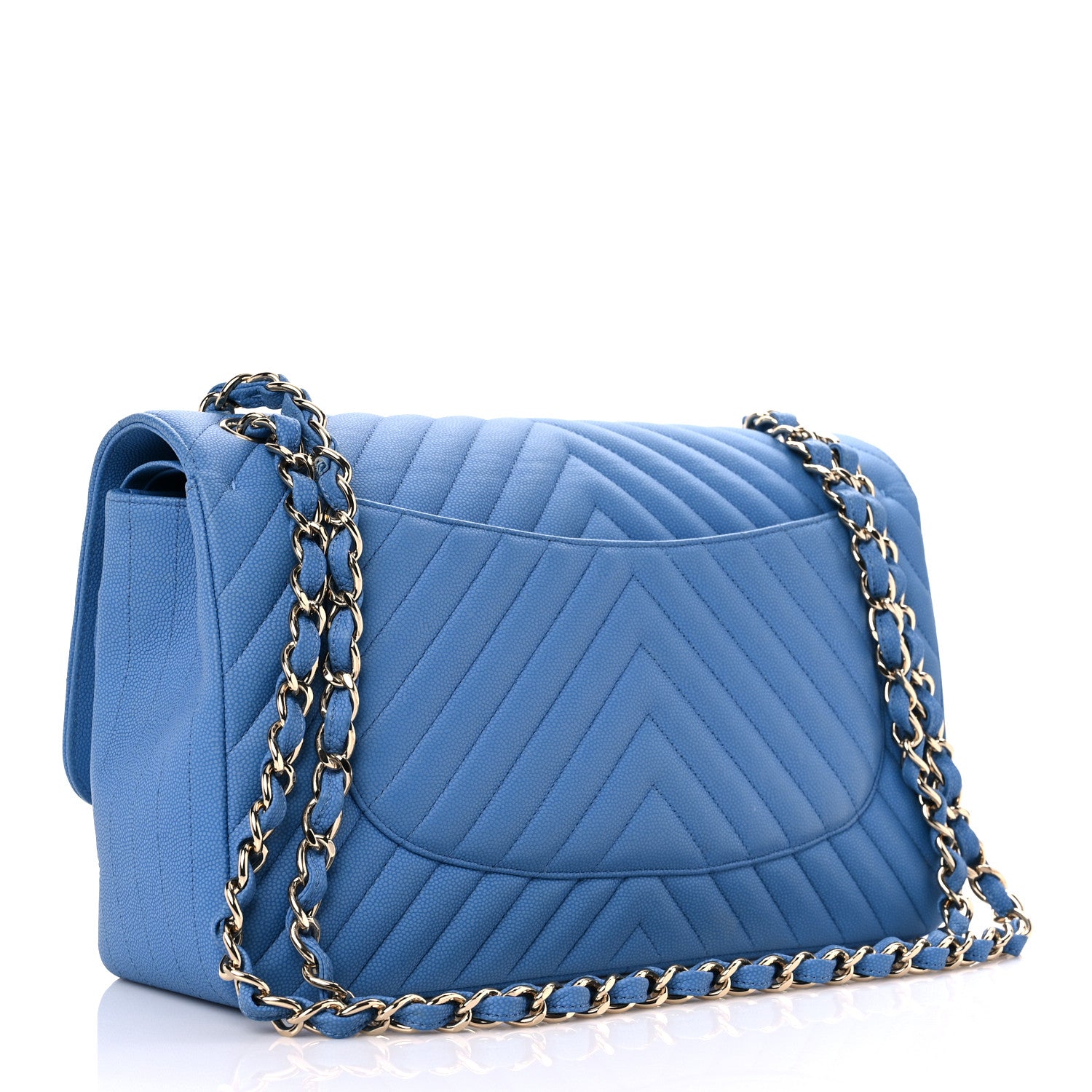 Chanel Caviar Flat Chevron Quilted Jumbo Double Flap Blue 3 of 19
