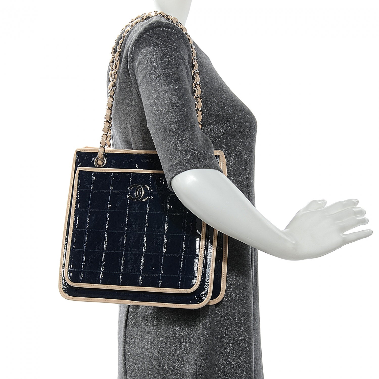 Chanel Patent Chocolate Bar Quilted Tote Navy Beige 2 of 8