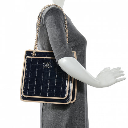 Chanel Patent Chocolate Bar Quilted Tote Navy Beige 2 of 8