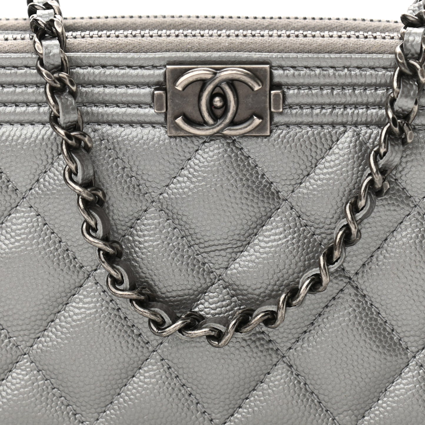 Metallic Caviar Quilted Small Boy Clutch With Chain Silver
