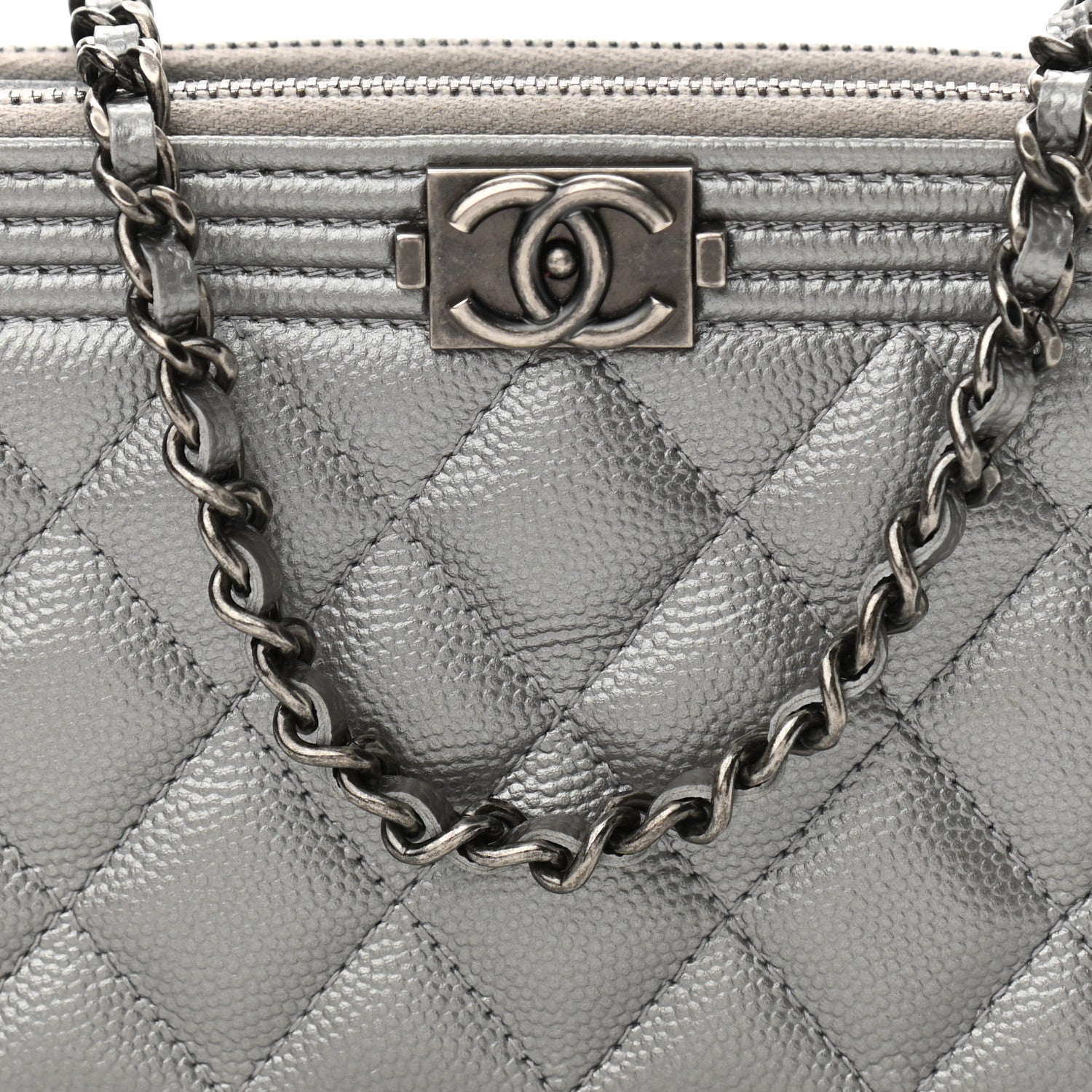 Chanel Metallic Caviar Quilted Small Boy Clutch With Chain Silver 10 of 14