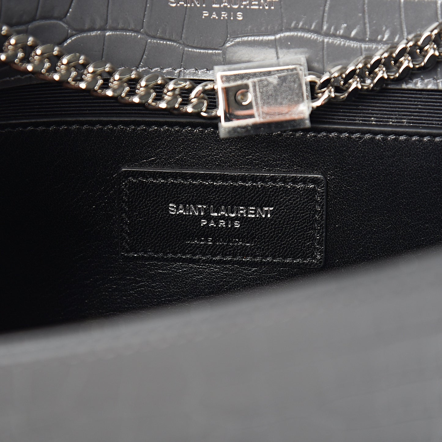 Calfskin Crocodile Embossed Medium Classic Monogram Kate Tassel Satchel Fog