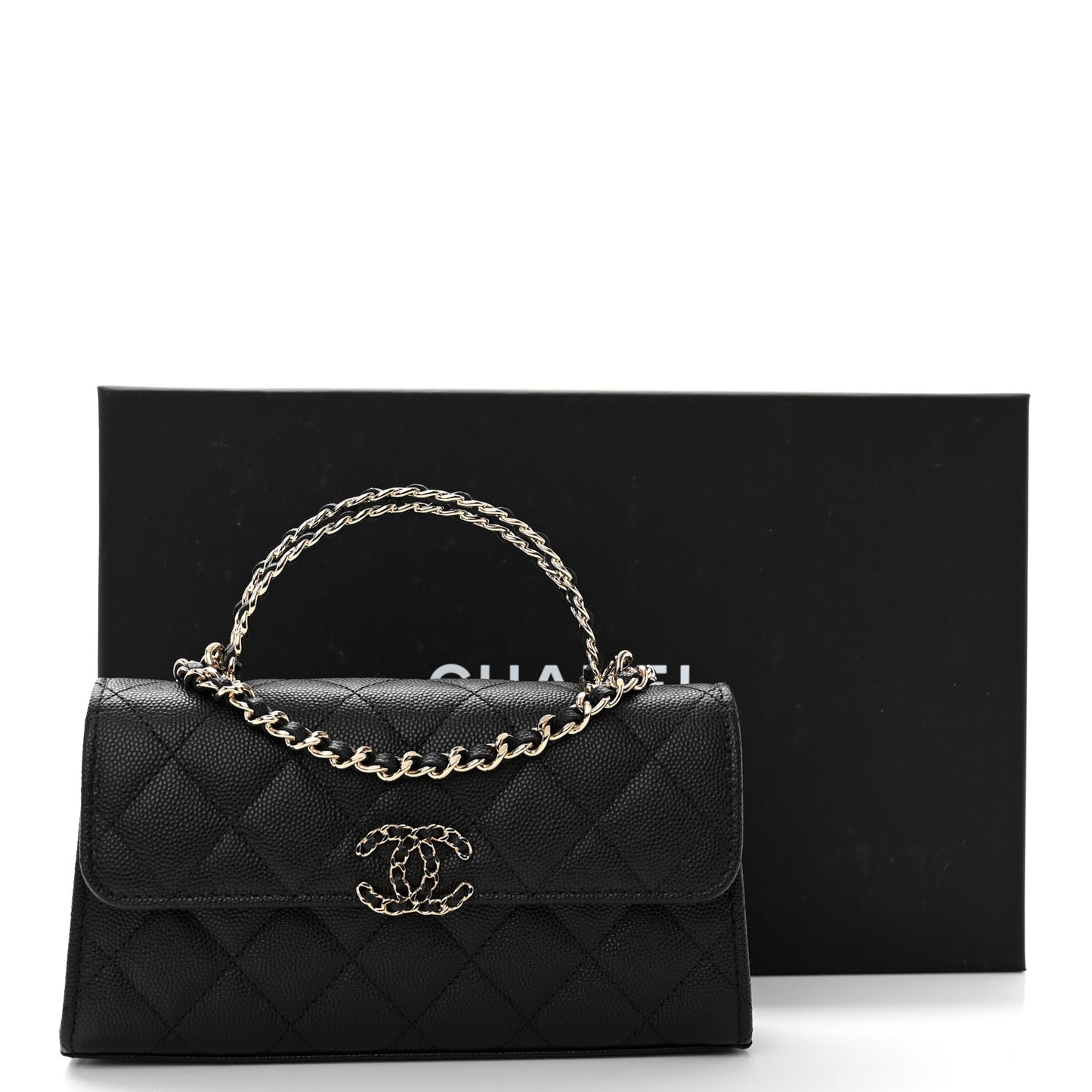Caviar Quilted Chain Match Top Handle Phone Holder With Chain Black