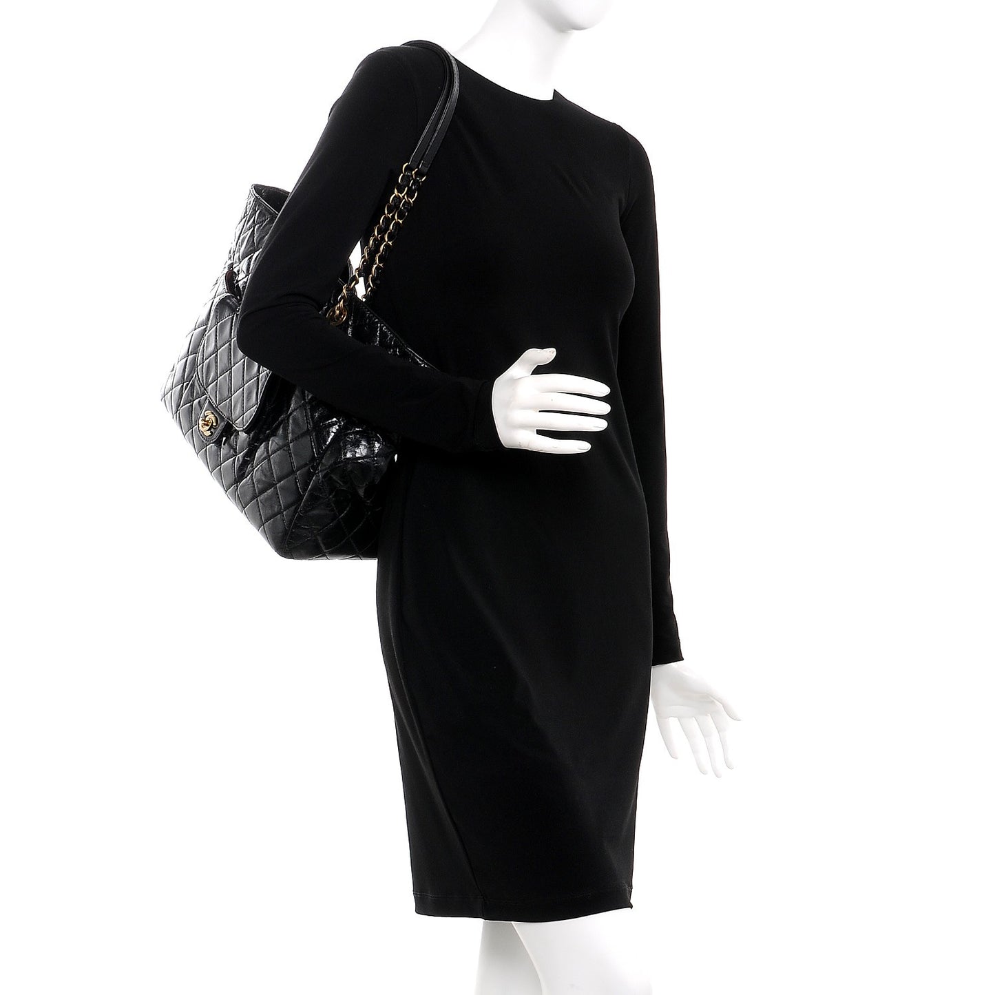 Glazed Calfskin Quilted Large Front Pocket Tote Black
