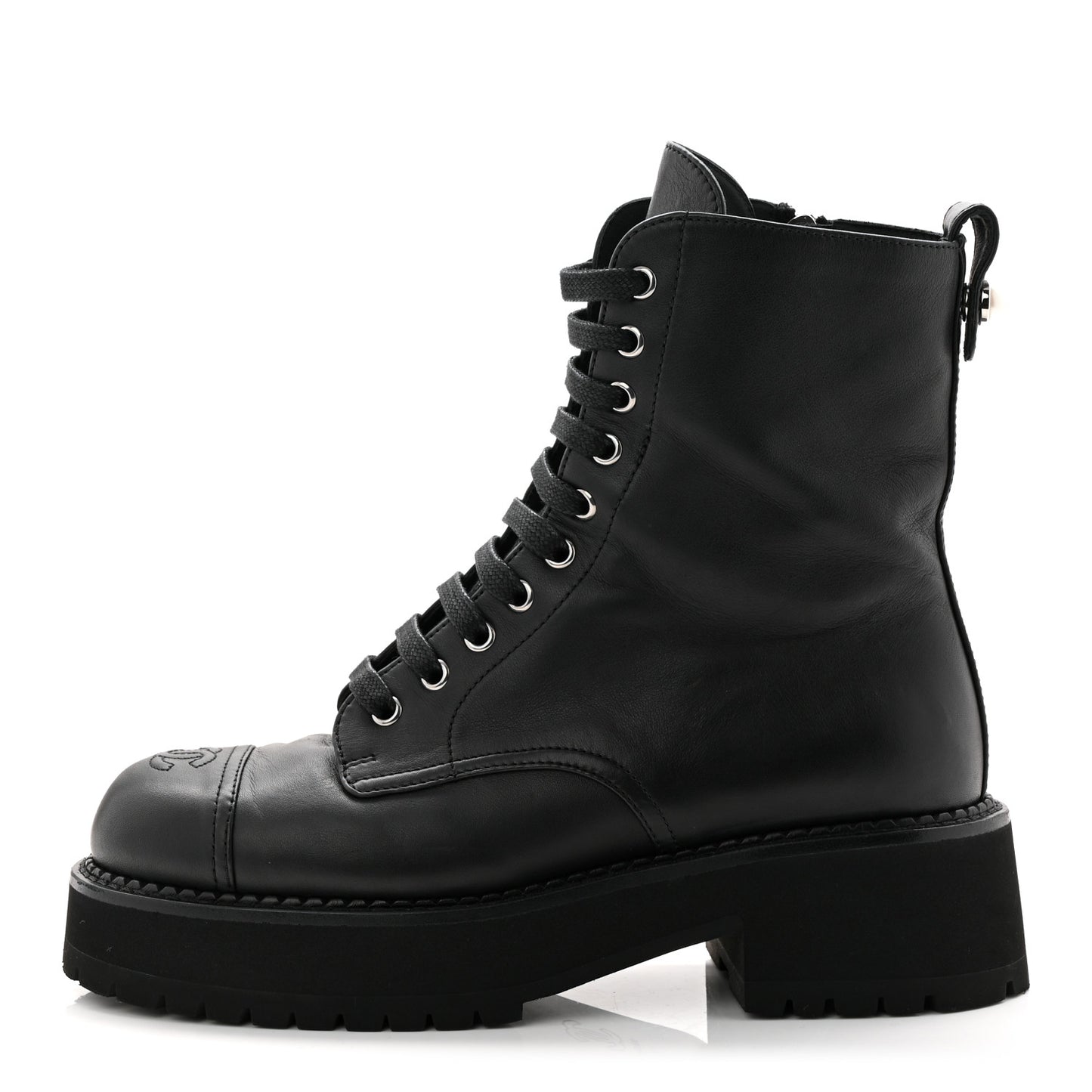 Calfskin Cap Toe Lace Up Combat Boots 39 Black