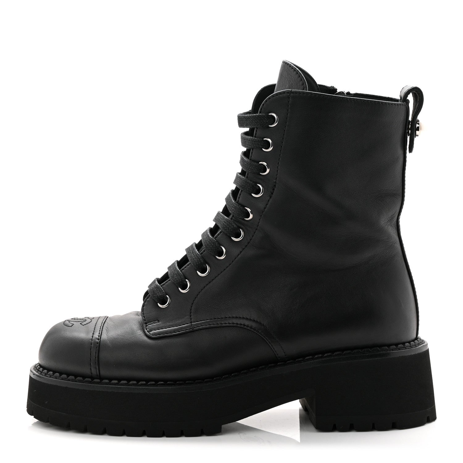 Chanel Calfskin Cap Toe Lace Up Combat Boots 39 Black 1 of 11