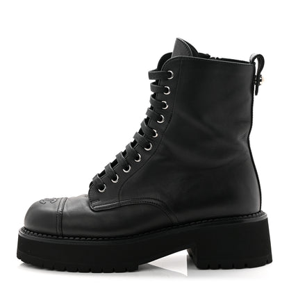 Chanel Calfskin Cap Toe Lace Up Combat Boots 39 Black 1 of 11