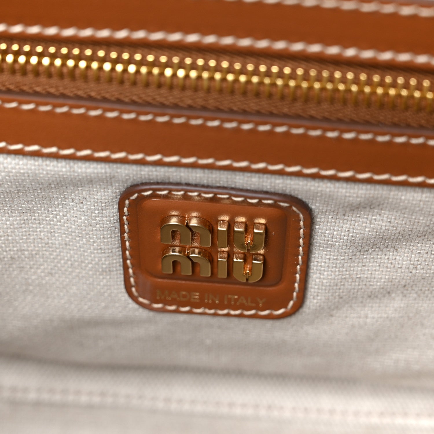 Miu Miu Canvas Calfskin Striped Large Beau Top Handle Bag Naturale Brandy 5 of 8