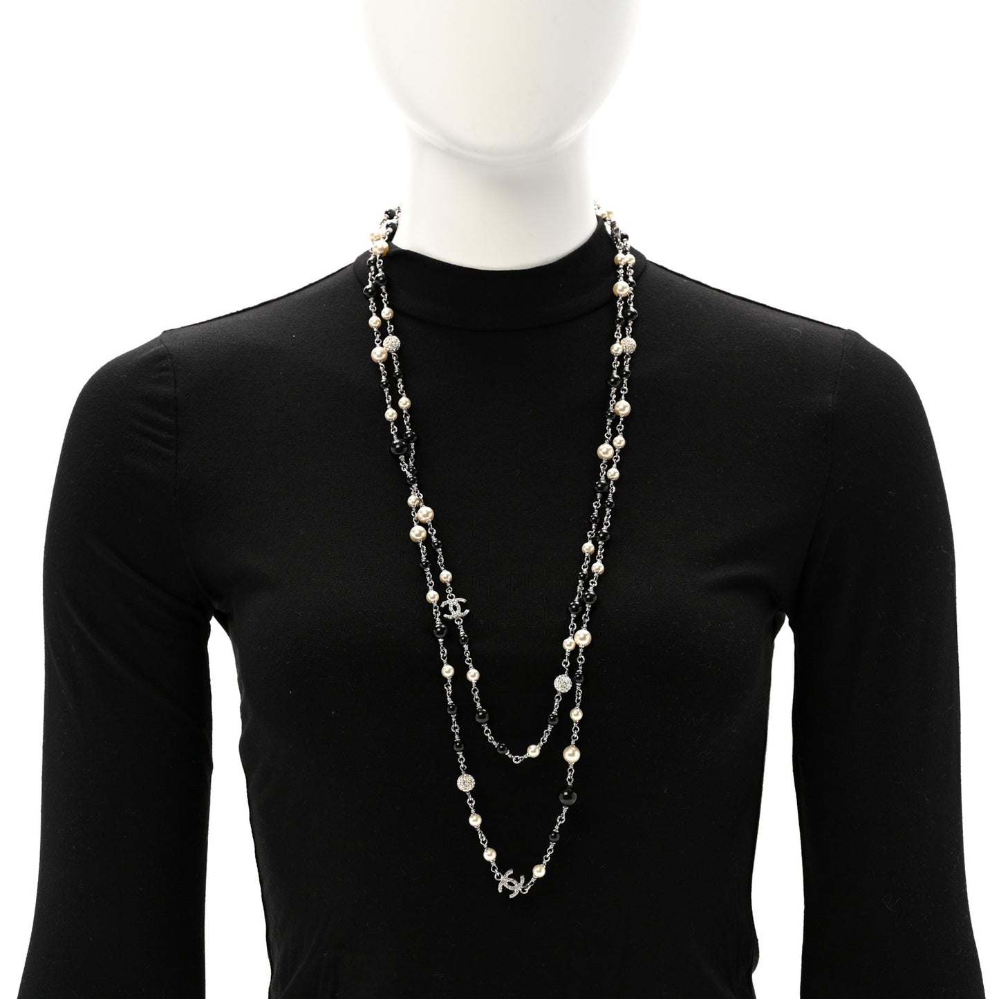 Pearl Crystal Bead CC Long Necklace Black