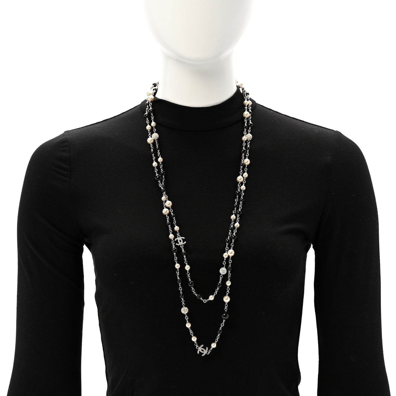 Chanel Pearl Crystal Bead CC Long Necklace Black 2 of 6