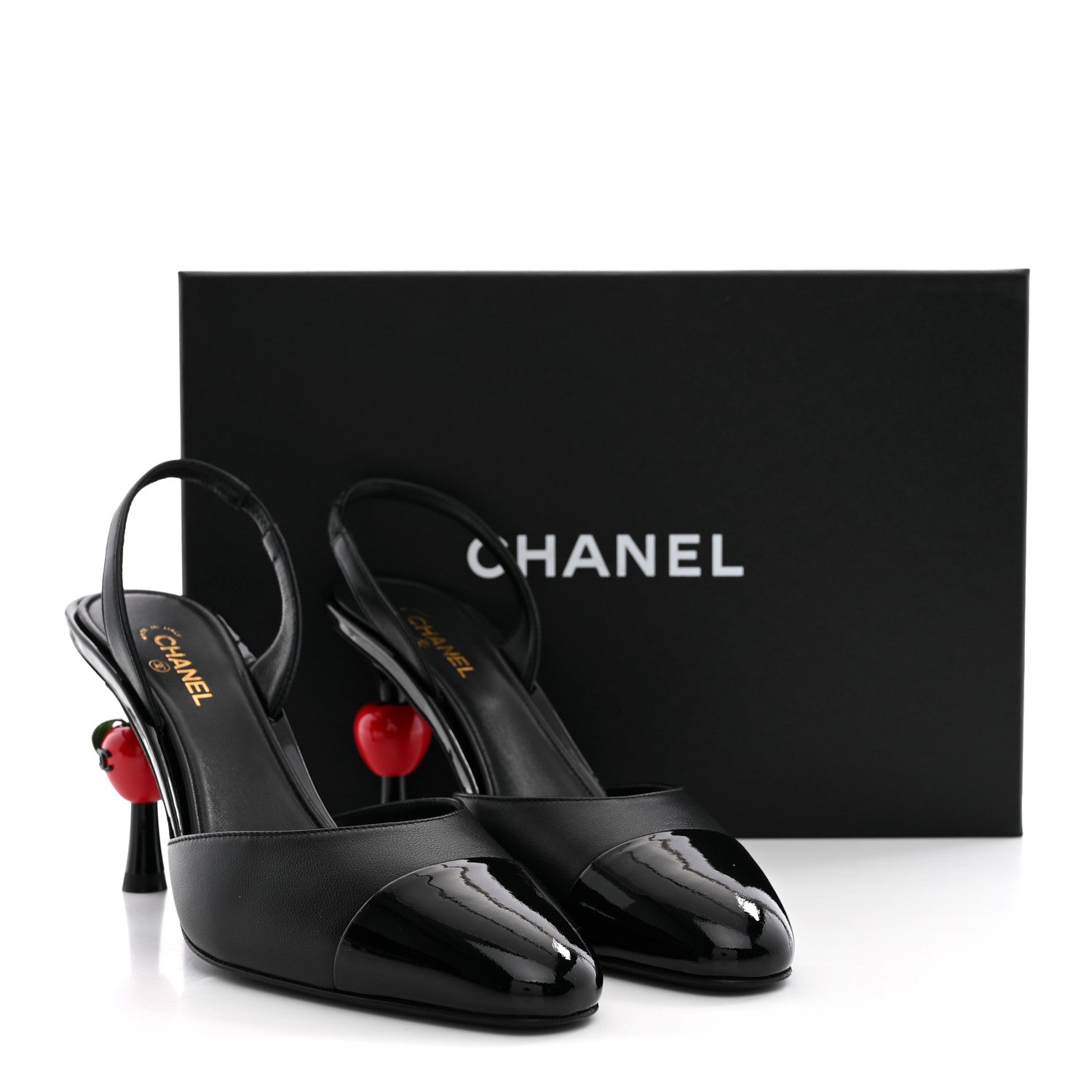 Chanel Lambskin Patent Cap Toe CC Apple Slingback Pumps 39 Black 10 of 10